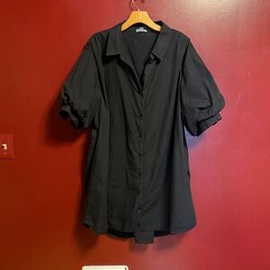GeeGee Puff Sleeve Button Up Shirt Size 3X Black Relaxed Fit Tunic Classic Chic